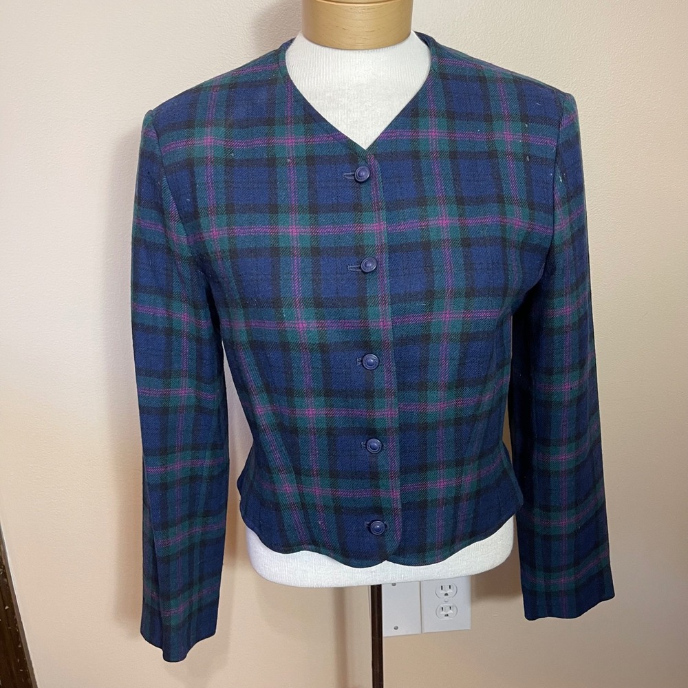 Vintage Pendleton Wool Plaid Blazer Jacket Blue Green Purple Size 10 USA Made